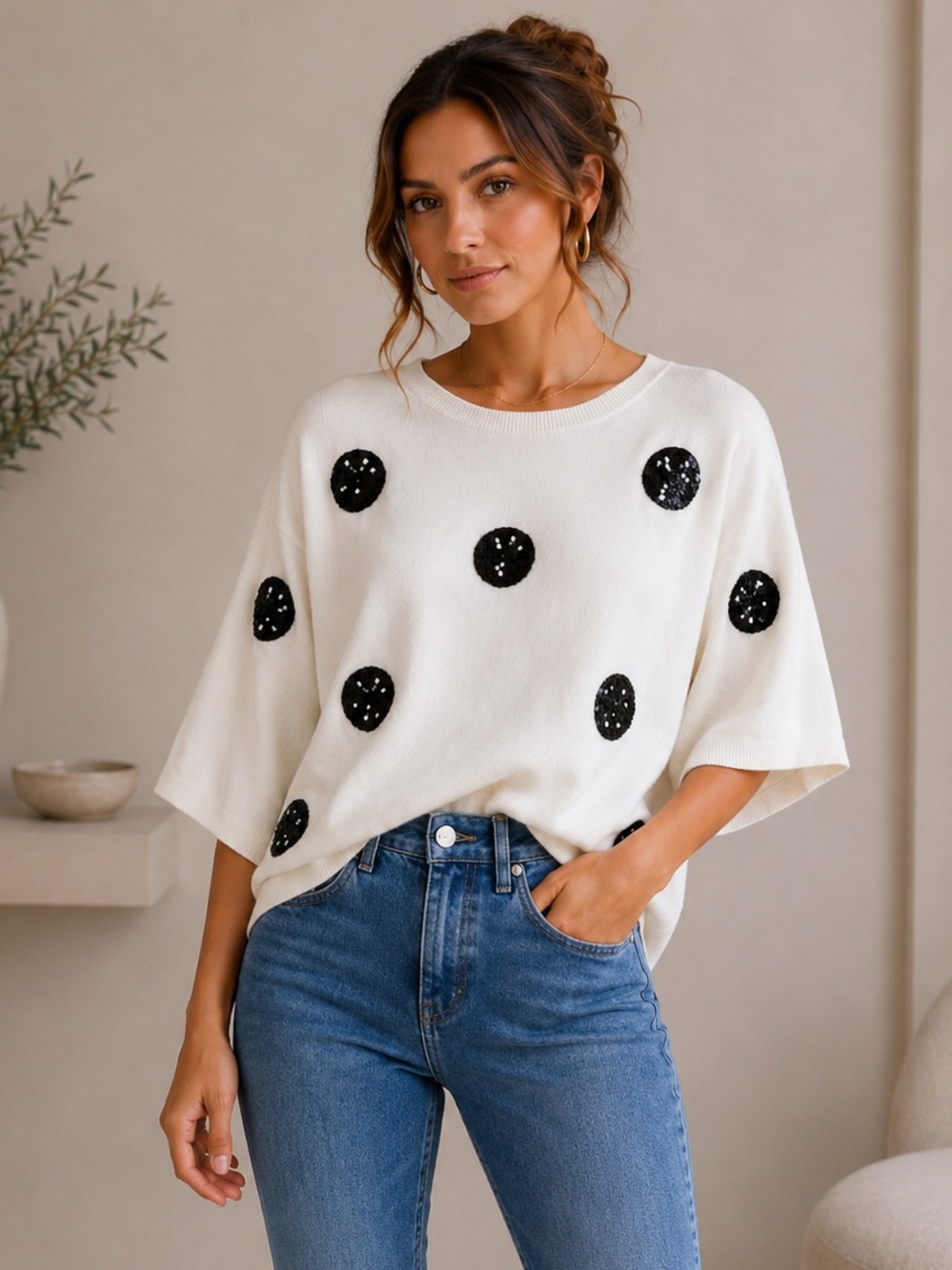 NEW YORK & COMPANY | Sequin Sweater Top Polka Dot